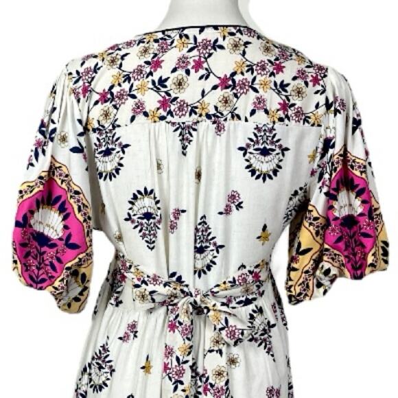 Fig + Flower New Midi Dress V-neck Puff Sleeve Cream Multi Women’s Size Small - Picture 8 of 13